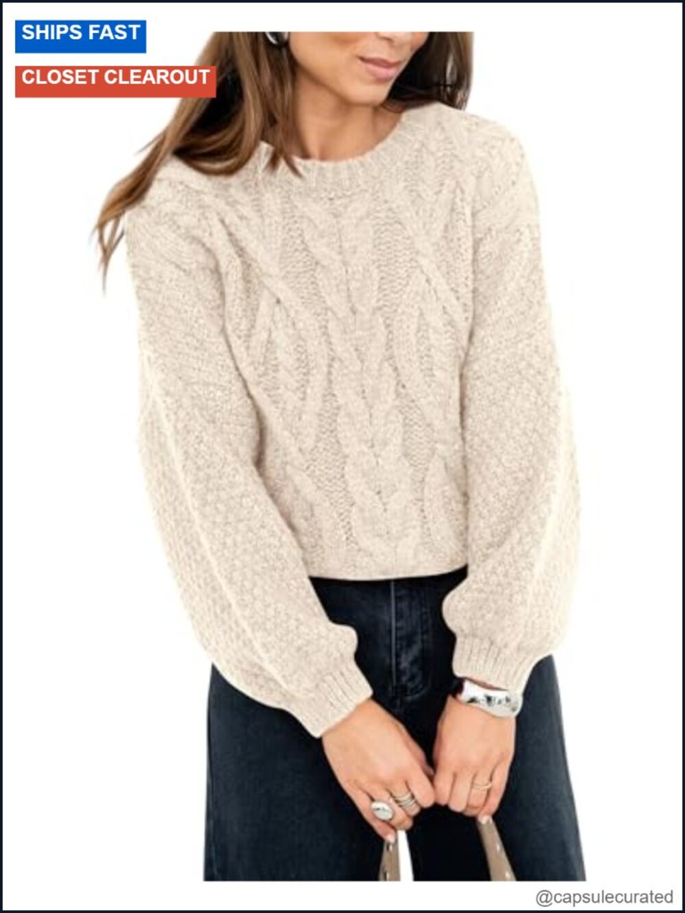 Oversized Cable Knit Crewneck Pullover Sweater for Women Fall Winter
